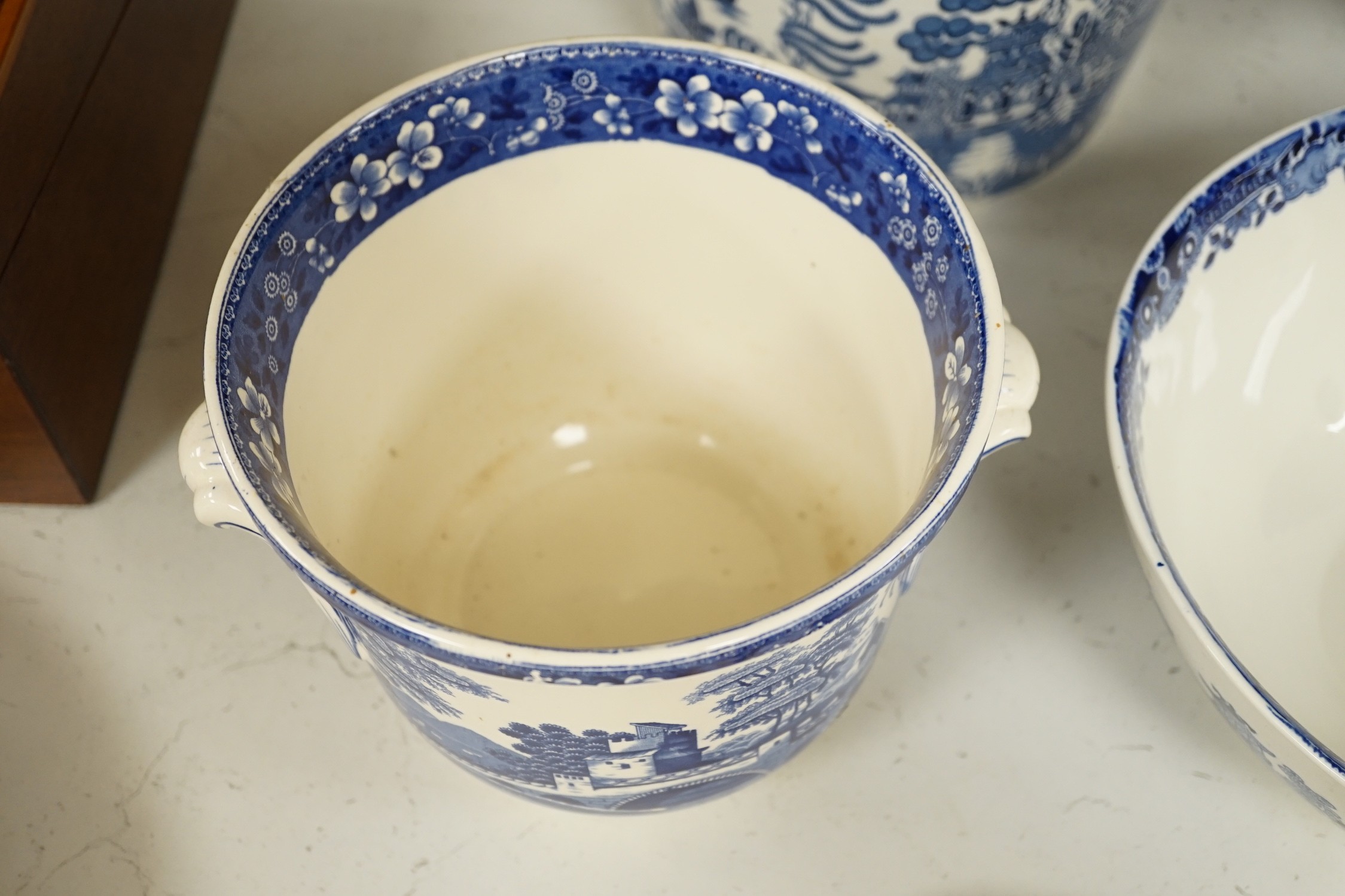 A Royal Crown Derby trinket set, Honeysuckle pattern and a few blue-printed earthenware items including Spode, Maling ware, etc.